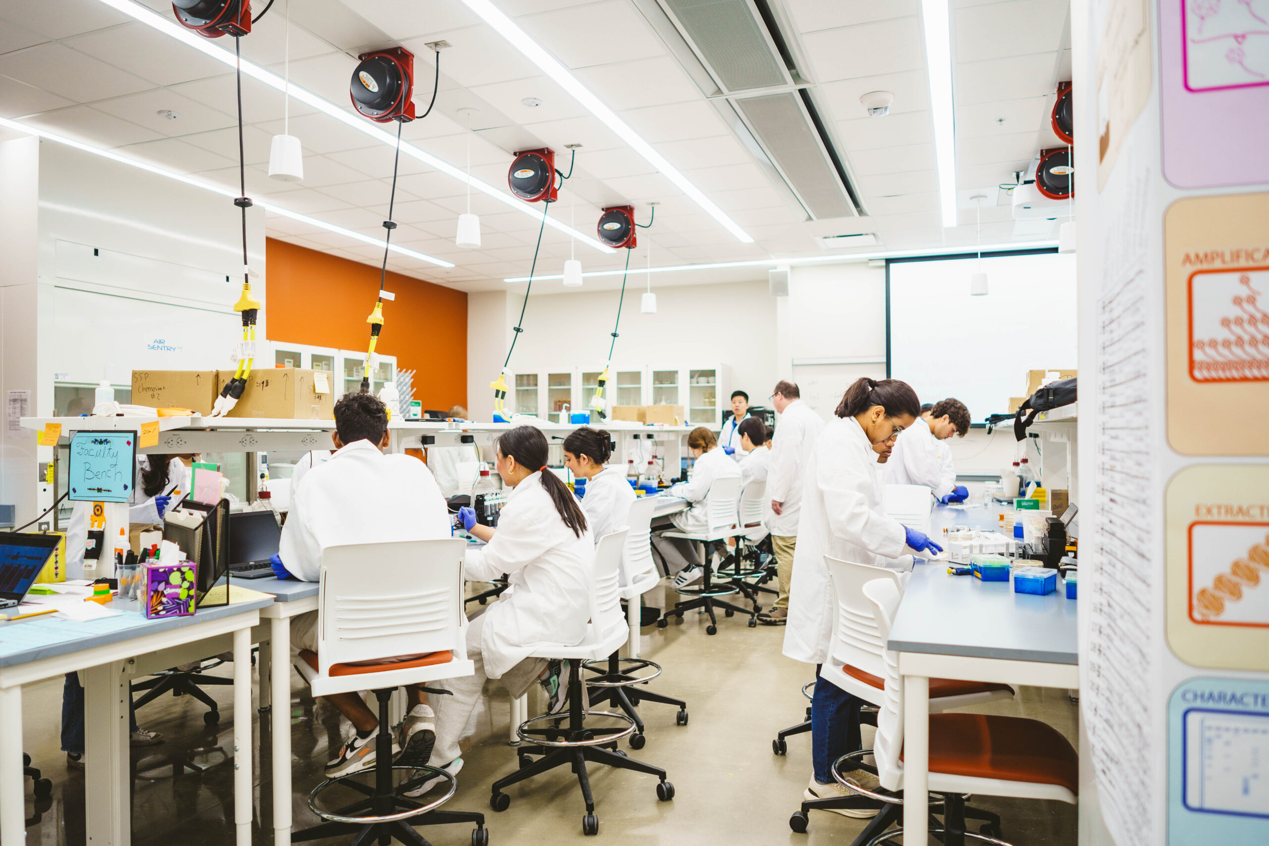 Researchers in lab coats working in a bright laboratory space, surrounded by equipment and materials.