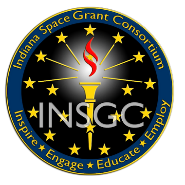 Logo of the Indiana Space Grant Consortium featuring a torch with a red flame, surrounded by stars. Text reads: "Inspire, Engage, Educate, Employ.