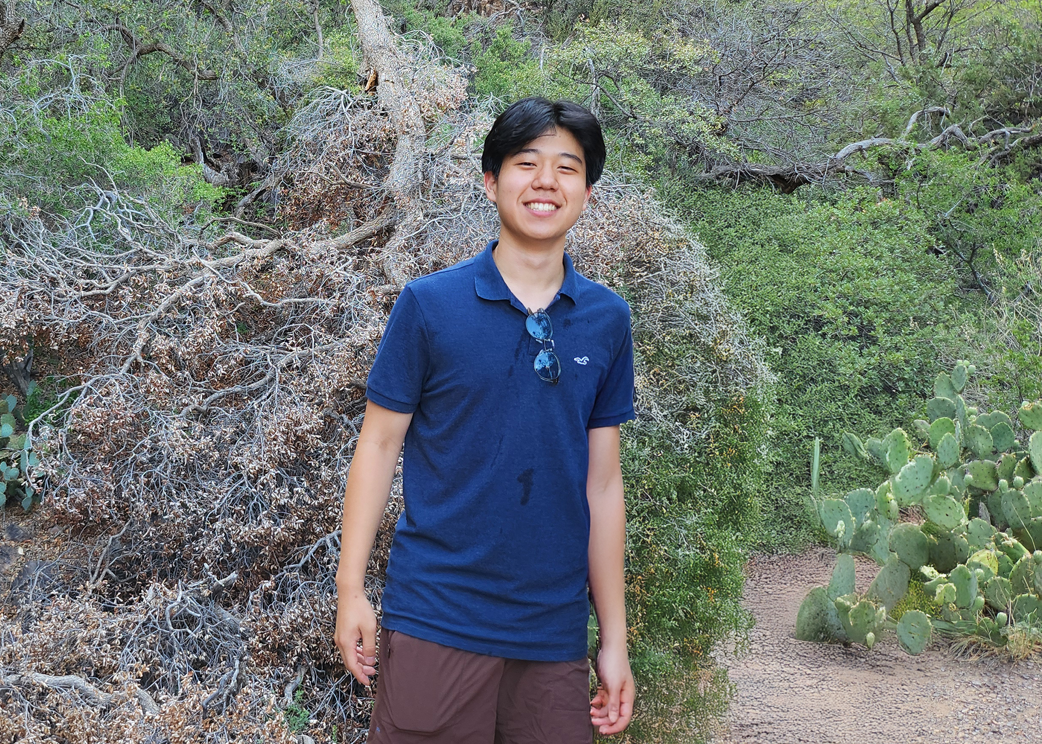 A person in a blue shirt stands outdoors on a path. There are dry shrubs and green cacti around. The scene is sunny.