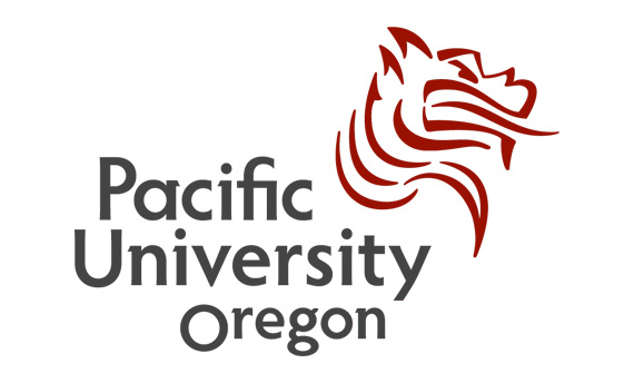 Pacific University Oregon logo featuring the text and a red stylized graphic of a creature with flowing lines.