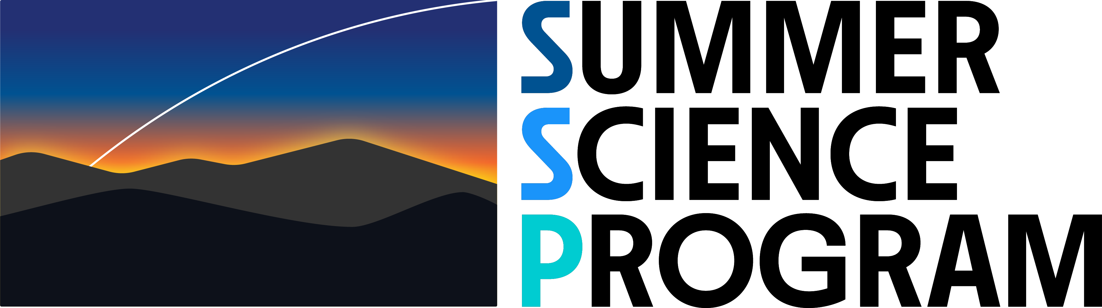 Logo featuring stylized mountains at sunset, a curved line arching over them, and the letters