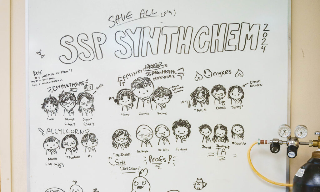 Cartoon drawings and handwritten text fill a whiteboard labeled SSP SynthChem 2024. It includes group sketches, names, and chemistry notes, with a gas cylinder regulator visible below.