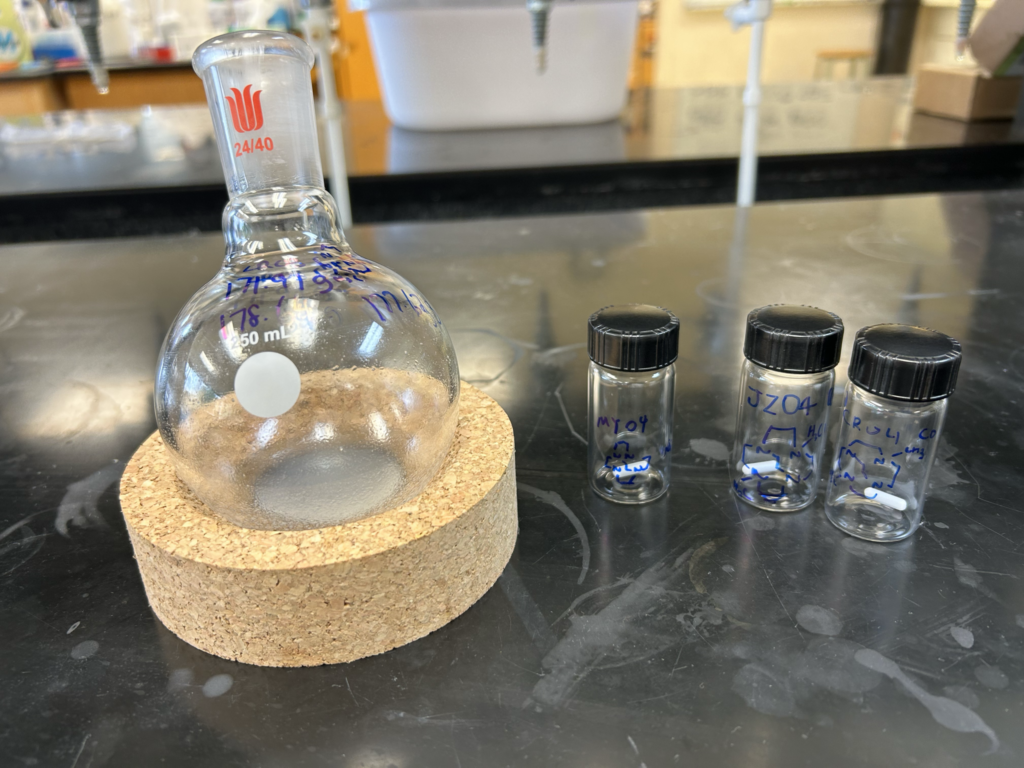 A round-bottom flask rests on a cork ring beside three labeled small vials on a laboratory counter.